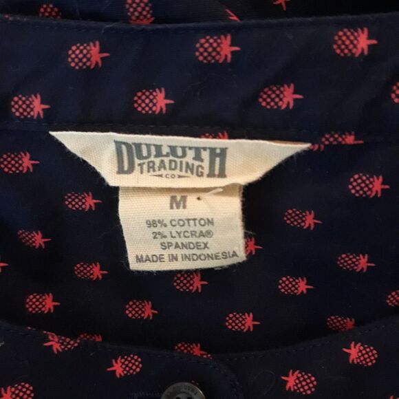 Duluth Trading Button Up Tunic Women Med. Navy Blue Pink Pineapple Print - Picture 11 of 12